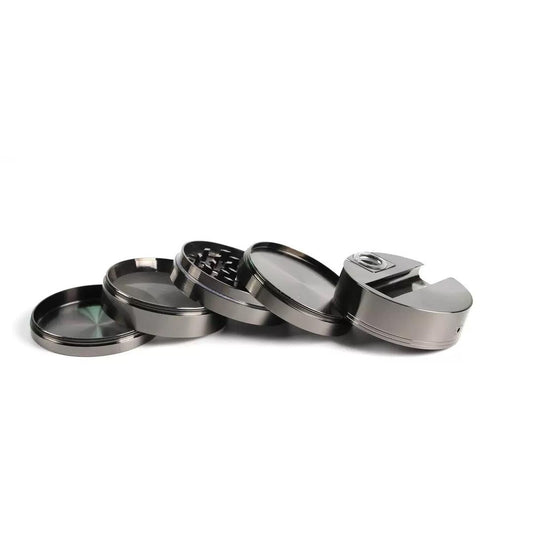 Grinder mit Pfeife 75mm Gun Metal – 4-teilig & massiv – Grinder mit Pfeifenfunktion, Grinder mit Pollenfach