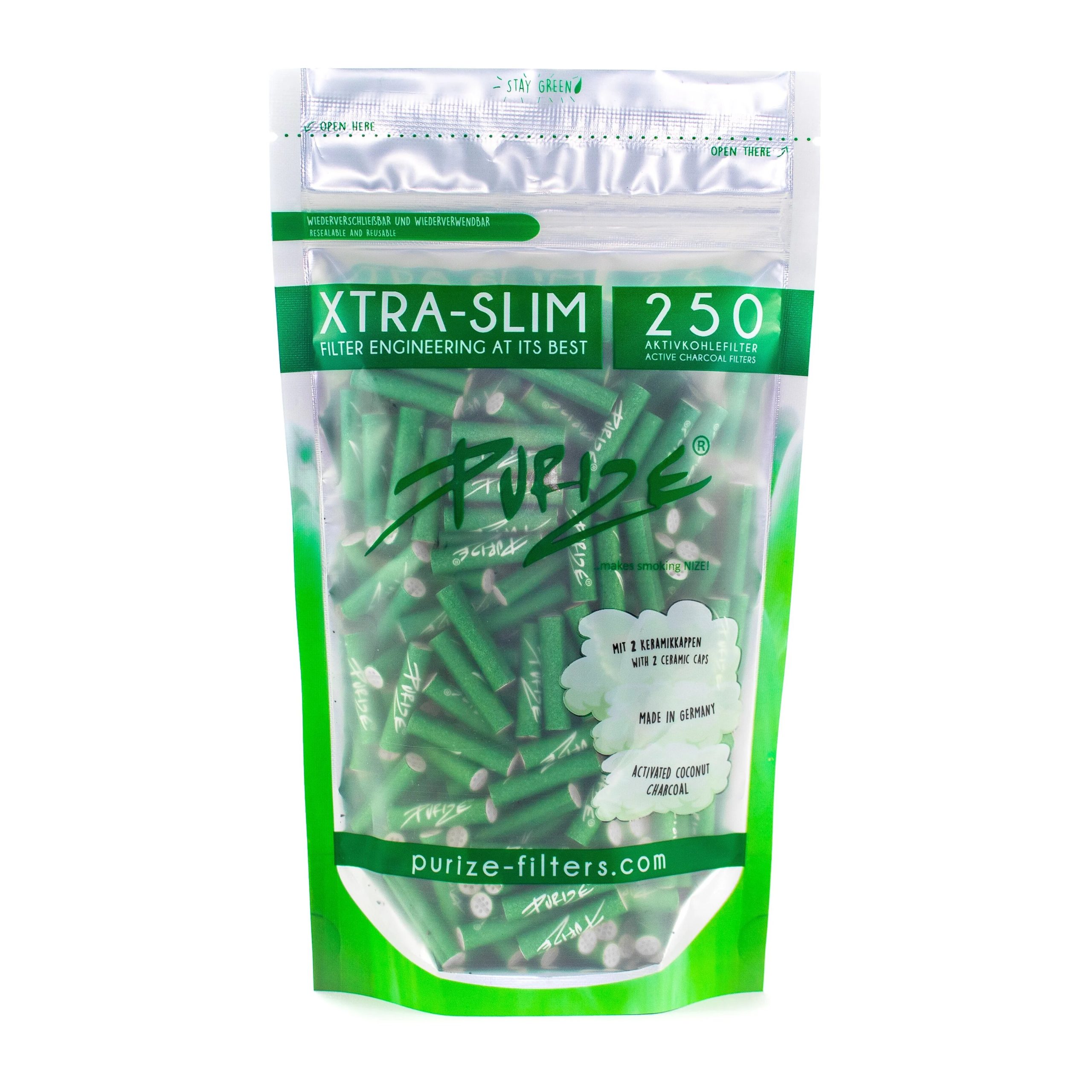 PURIZE Aktivkohlefilter XTRA Slim Green 250 Stück – 9 mm, Aktivkohlefilter 250 Stück