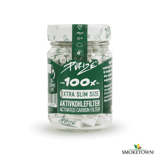 PURIZE® Aktivkohlefilter XTRA Slim White im Glas 100 Stück – 9 mm, Aktivkohlefilter 100 Stück