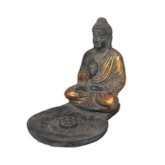 Räucherstäbchenhalter Buddha Schwarz-Gold – Buddha-Figur mit Räucherfunktion, handgefertigter Räucherhalter
