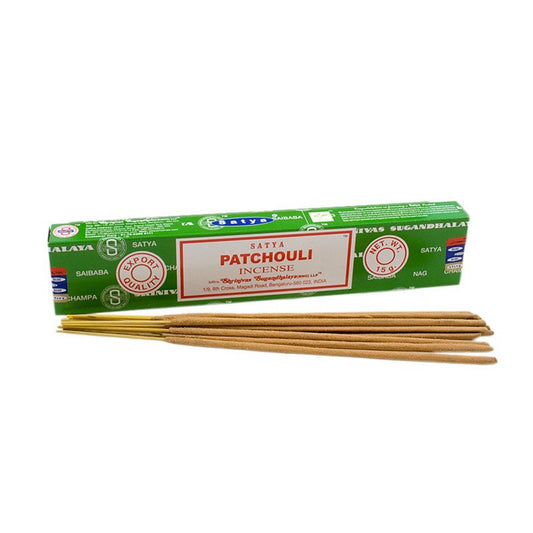 Satya Räucherstäbchen - Patchouli Incense - 15g – handgerollte Räucherstäbchen, Nag Champa Duft