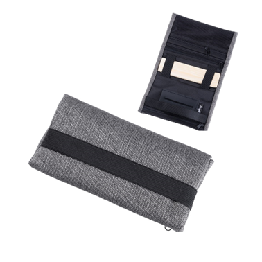 Feinschnittbeutel Textil - Grau mit Holz – Raucherbedarf, Tabakbeutel
