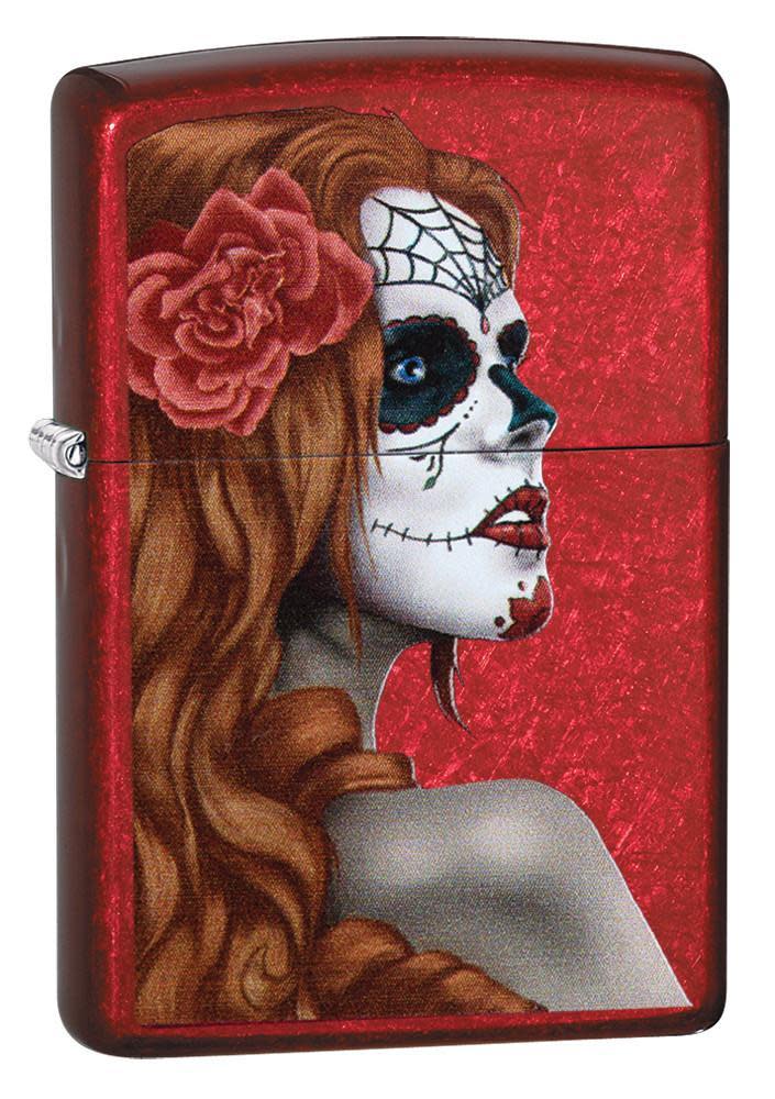 Zippo Feuerzeug Candy Apple Red mit Day-of-the-Dead-Motiv, Frau mit Zuckerschädel-Schminke und Rose