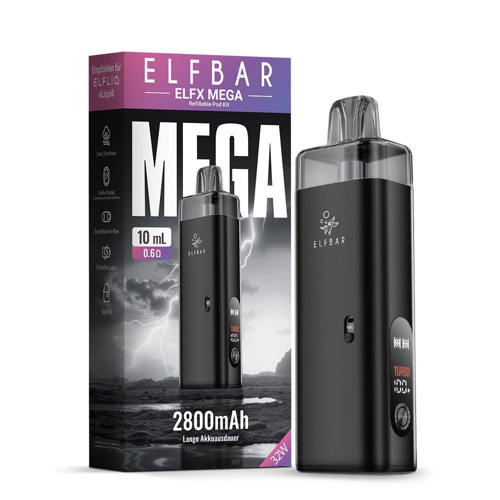 ELFBAR ELFX Mega Kit Ansicht mit Farbdisplay und Airflow-Regulierung