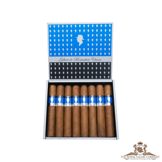 Gilbert de Montsalvat Classic Belicoso – geöffnete blaue Originalkiste mit Zigarren