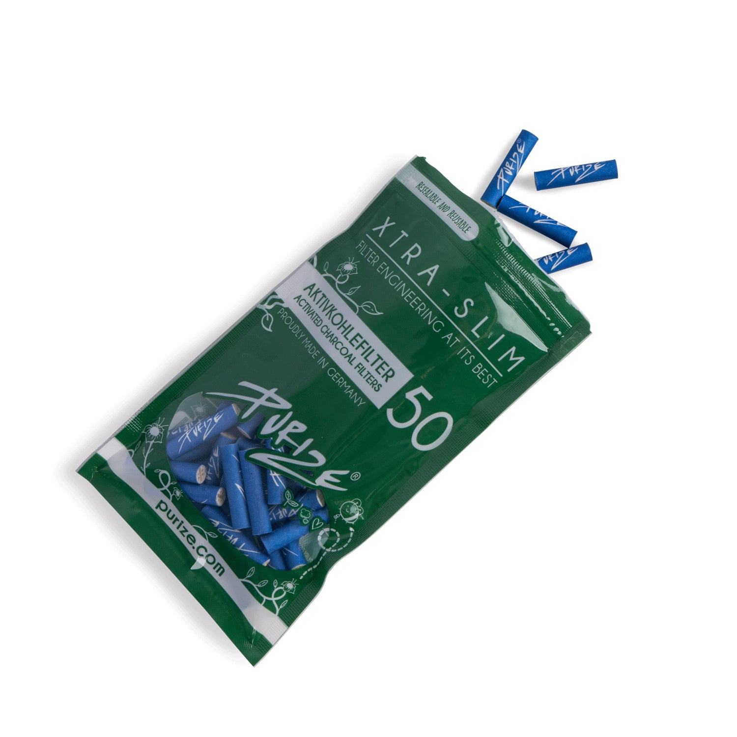 Purize Xtra Slim Aktivkohlefilter 50Stk. - Blau – 9 mm, Aktivkohlefilter 50 Stück