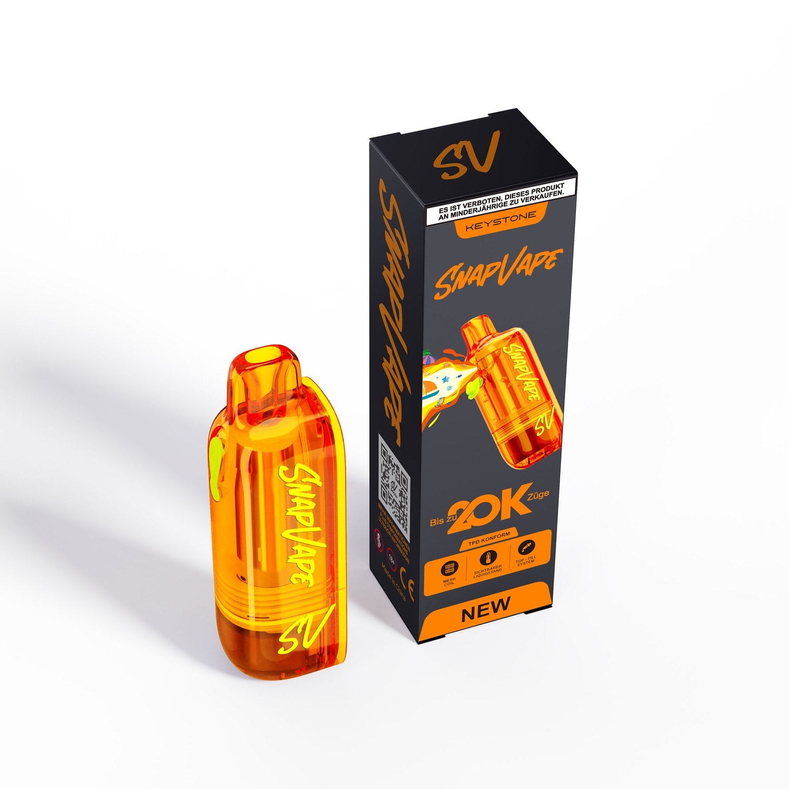 SnapVape Cartridge in Schrägansicht neben der KEYSTONE SnapVape Verpackung