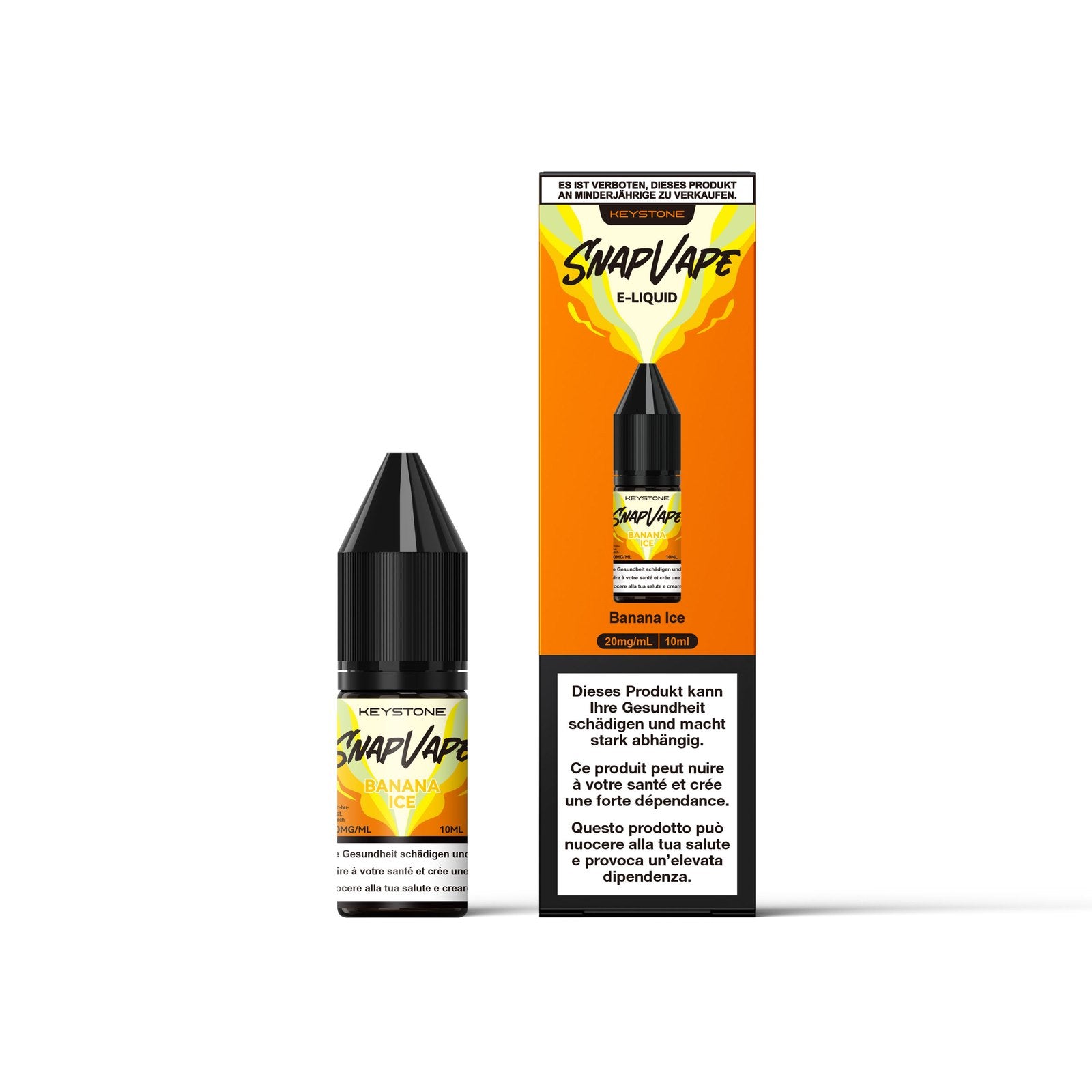 SnapVape E-Liquid Banana Ice 10 ml mit 20 mg/ml Nikotin – Flasche und Verpackung