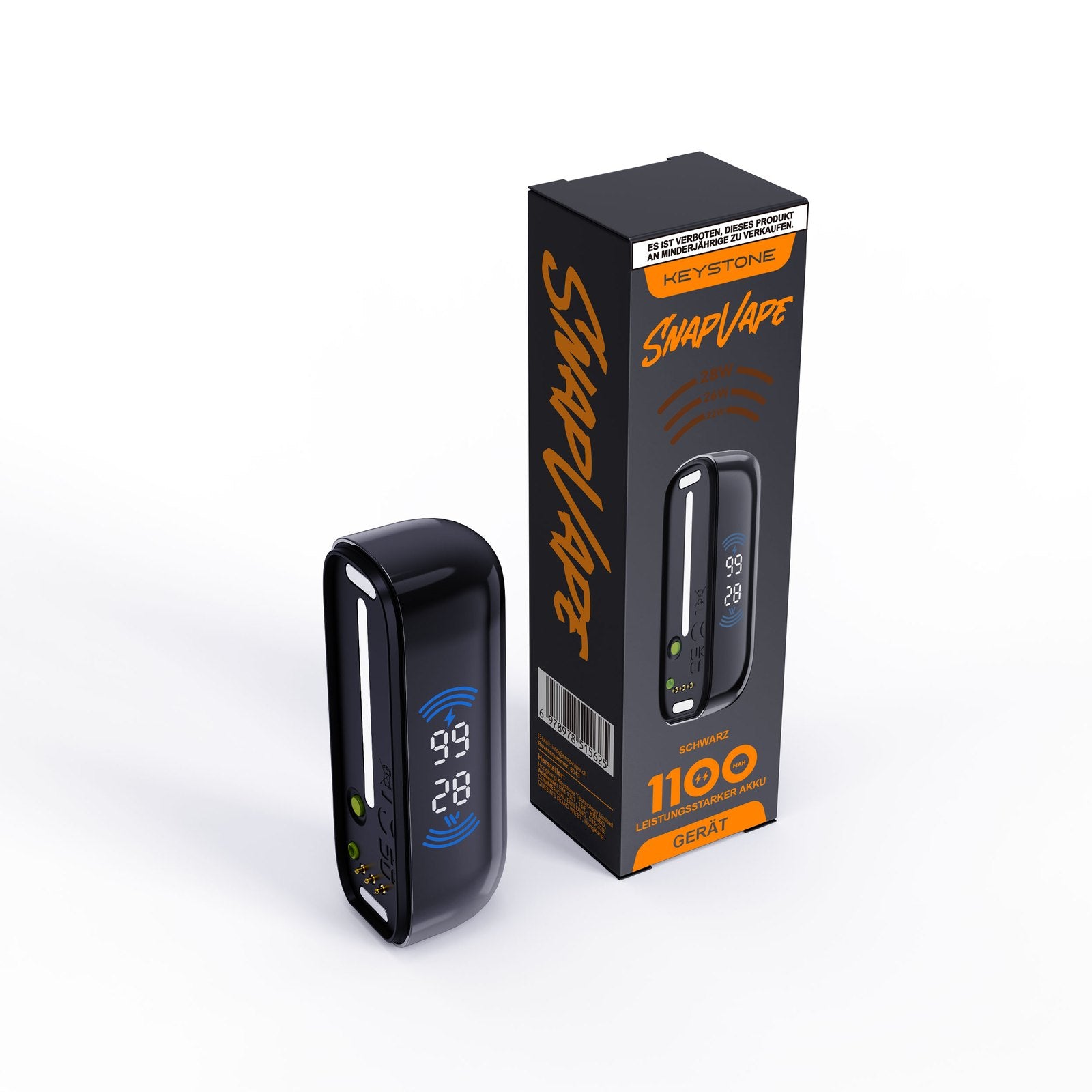 SnapVape Gerät 1100 mAh Schwarz in Schrägansicht neben der KEYSTONE SnapVape Verpackung