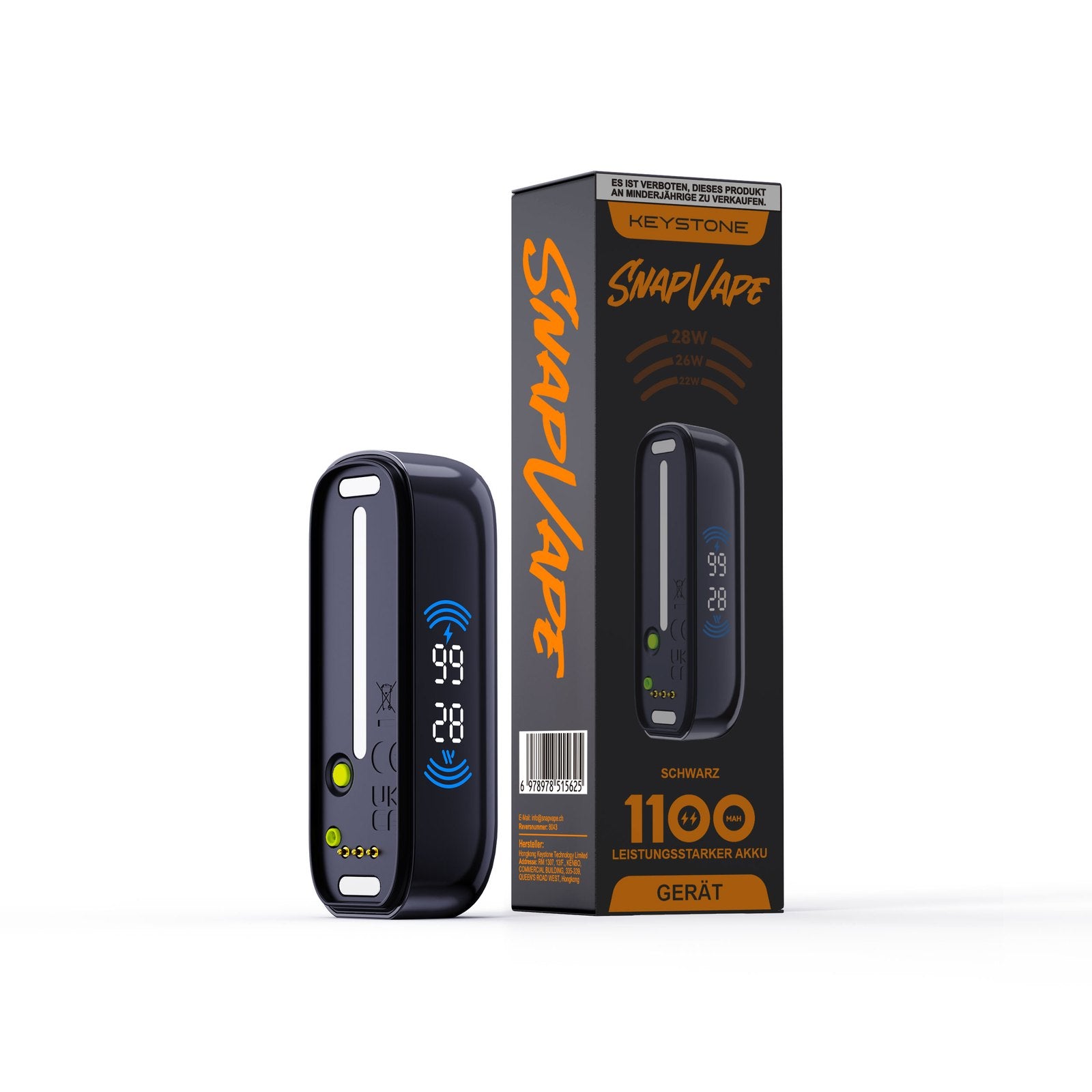 SnapVape Gerät 1100 mAh Schwarz – Rückseite mit Ladeanschluss, Taste und Kontaktpins für die Cartridge