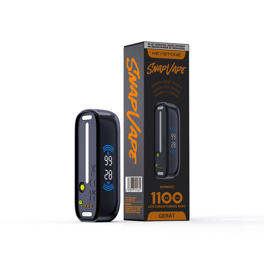 SnapVape Gerät 1100 mAh Schwarz – Rückseite mit Ladeanschluss, Taste und Kontaktpins für die Cartridge