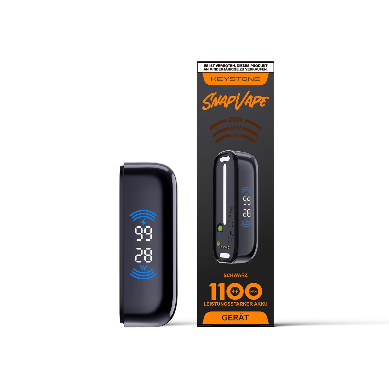 SnapVape Gerät 1100 mAh in Schwarz mit Display (Akkustand und Wattstufe) neben der Verpackung