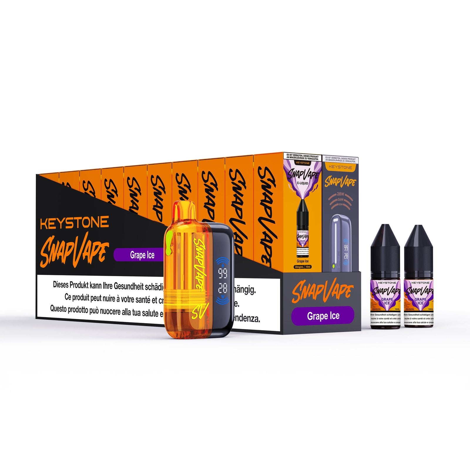 SnapVape Starter-Set Grape Ice: Gerät, Cartridge und zwei E-Liquids 10 ml mit Verpackung