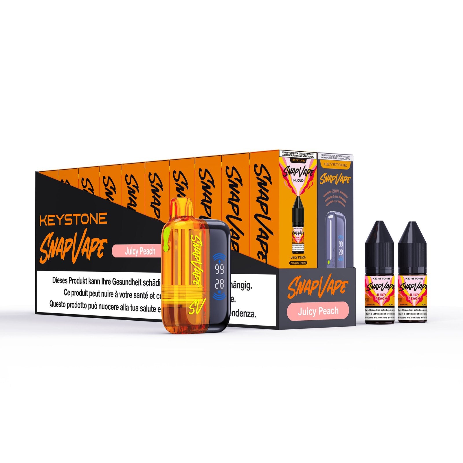 SnapVape Starter-Set Juicy Peach: Gerät, Cartridge und zwei E-Liquids 10 ml mit Verpackung