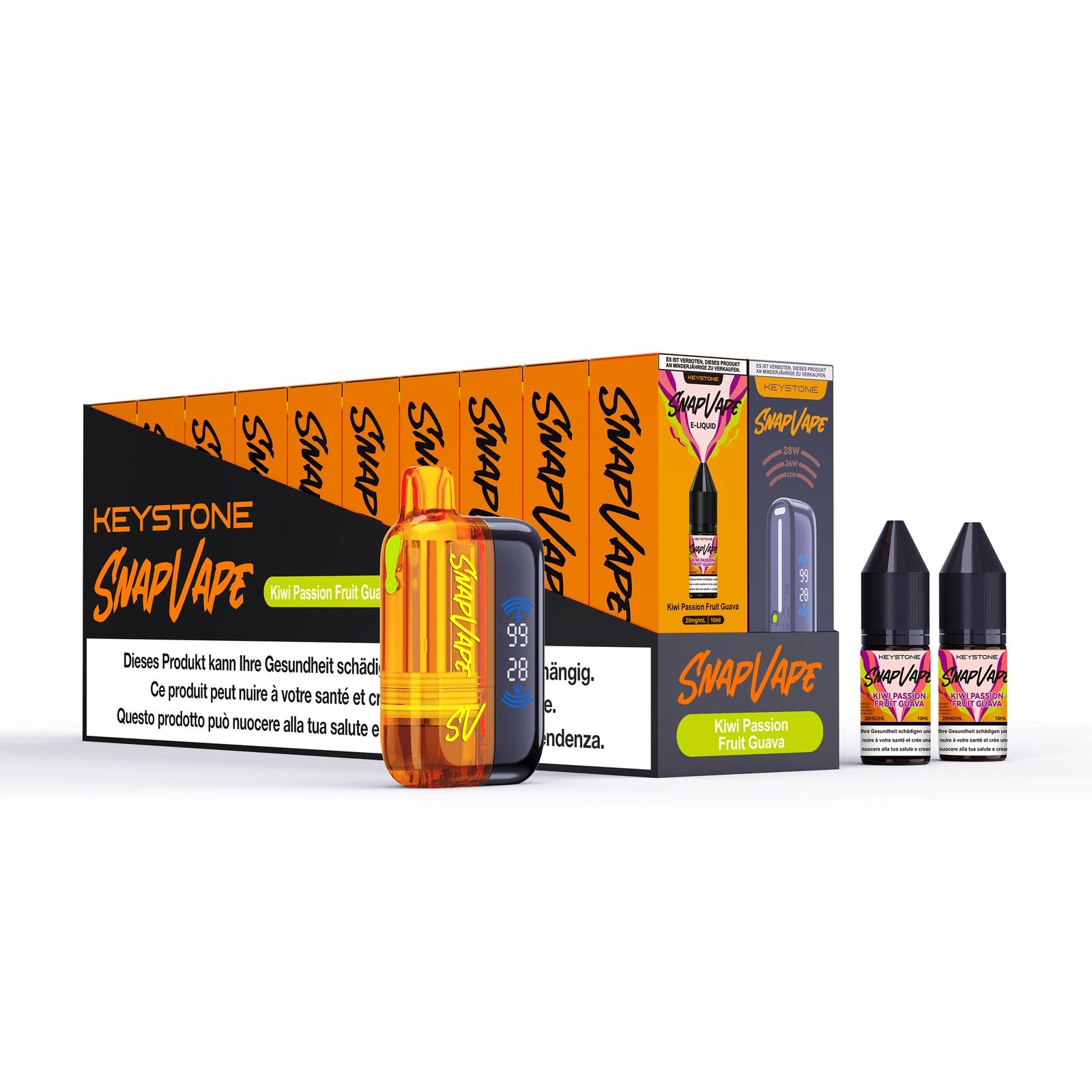 SnapVape Starter-Set Kiwi Passion Fruit Guava: Gerät, Cartridge und zwei E-Liquids 10 ml mit Verpackung