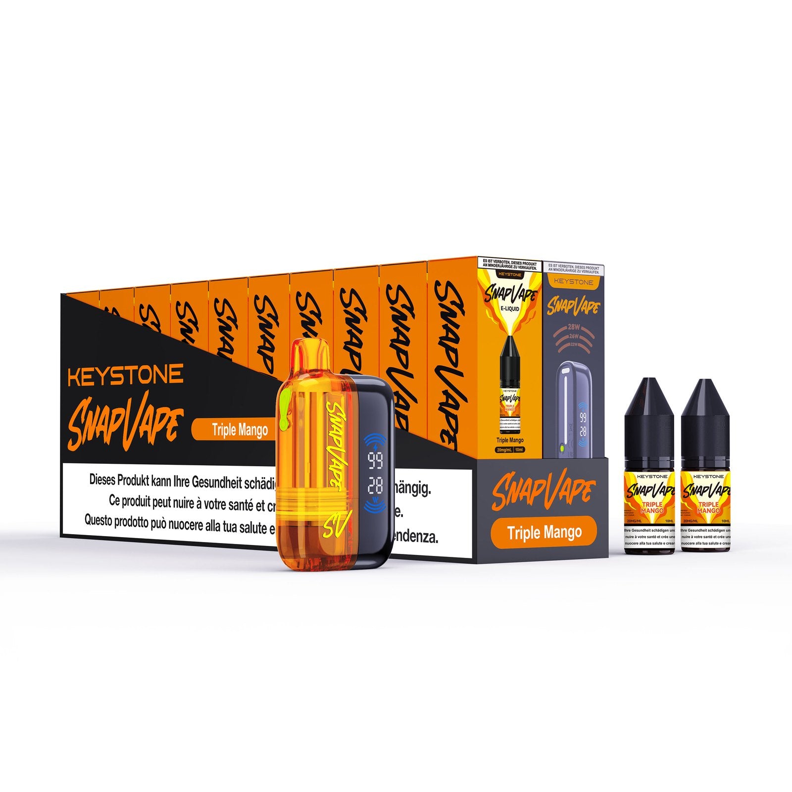 SnapVape Starter-Set Triple Mango: Gerät, Cartridge und zwei E-Liquids 10 ml mit Verpackung