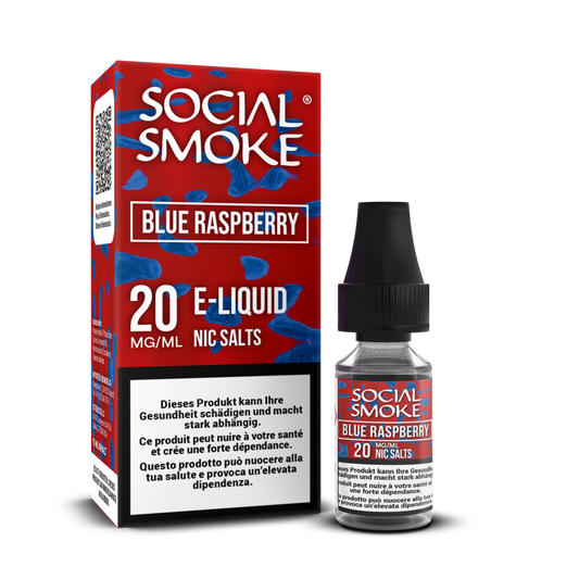 Social Smoke Liquid Blue Raspberry 10 ml 20 mg Nikotinsalz – Flasche und Verpackung
