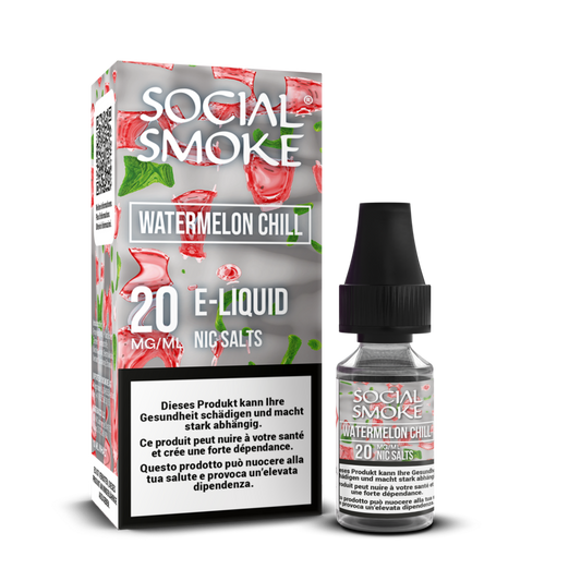 Social Smoke Liquid Watermelon Chill 10 ml 20 mg Nikotinsalz – Flasche und Verpackung