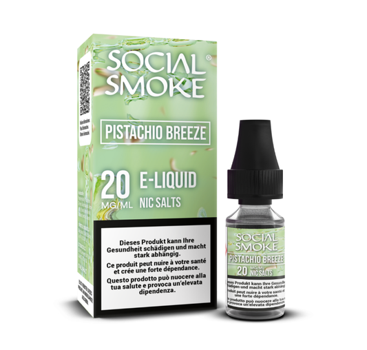 Social Smoke Liquid Pistachio Breeze 10 ml 20 mg Nikotinsalz – Flasche und Verpackung