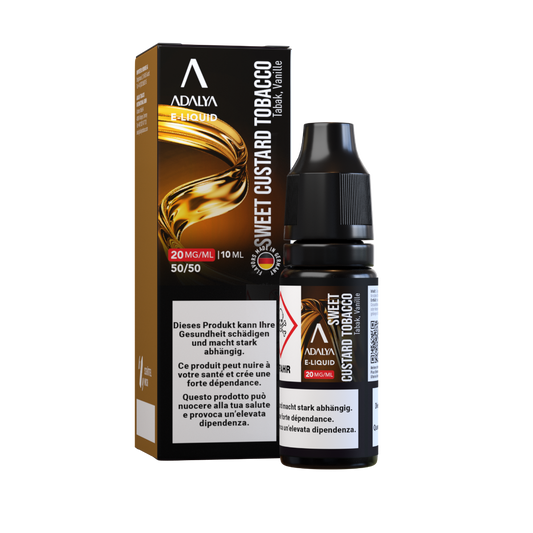 Adalya Liquid Sweet Custard Tobacco 10 ml 20 mg Nikotinsalz – Flasche und Verpackung