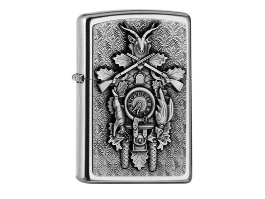 Zippo Feuerzeug Street Chrome mit Metallemblem einer Schwarzwälder Kuckucksuhr
